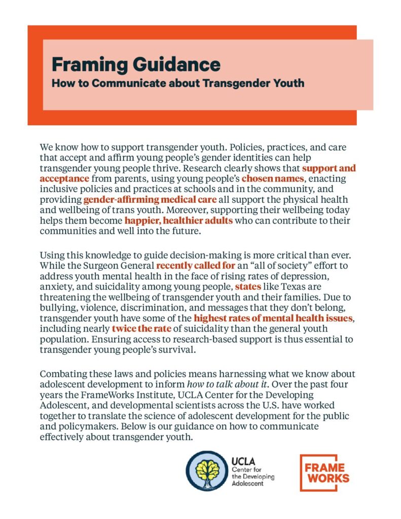 We Support Transgender Youth: A Statement and Framing Guidance