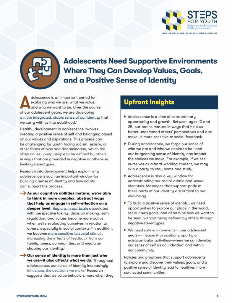 Adolescents Need Supportive Environments Where They Can Develop Values, Goals, and A Positive Sense of Identity Cover