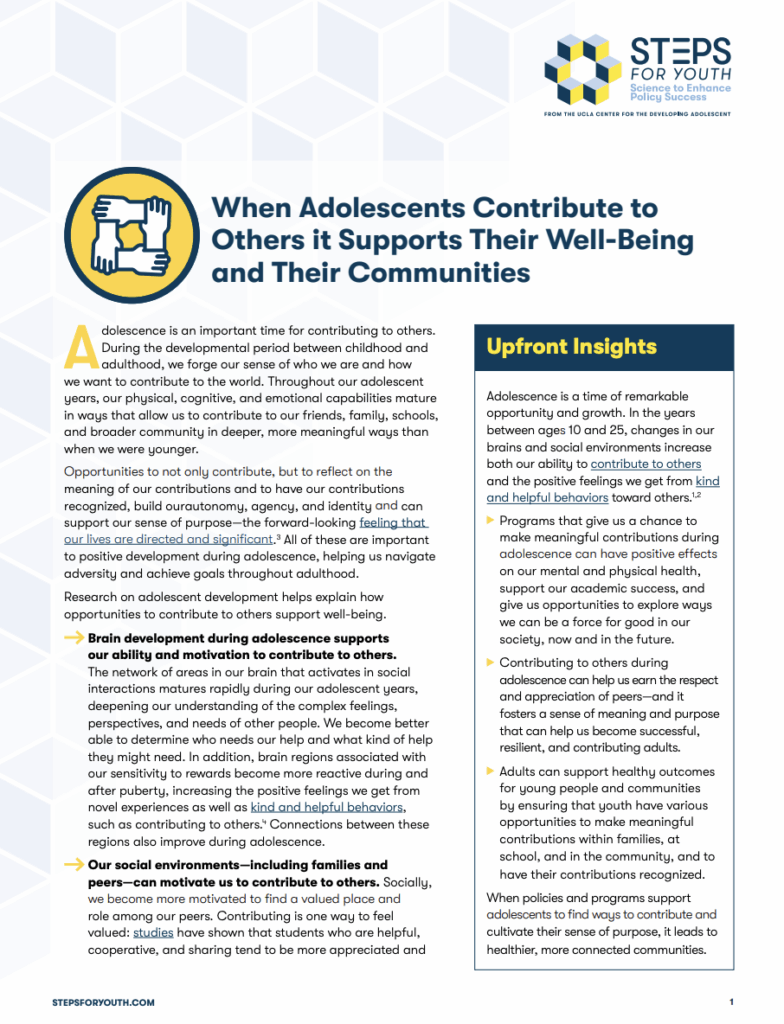When Adolescents Contribute to Others it Supports Their Well-Being and Their Communities Fact Sheet Cover